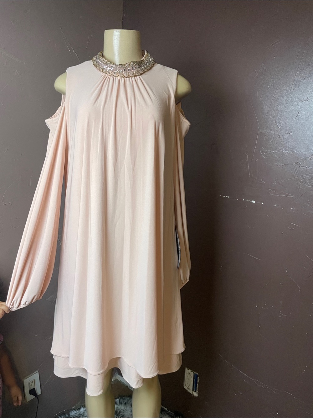 Xscape Blush Pink Cold-Shoulder Long Sleeve Dress with Embellished Neckline